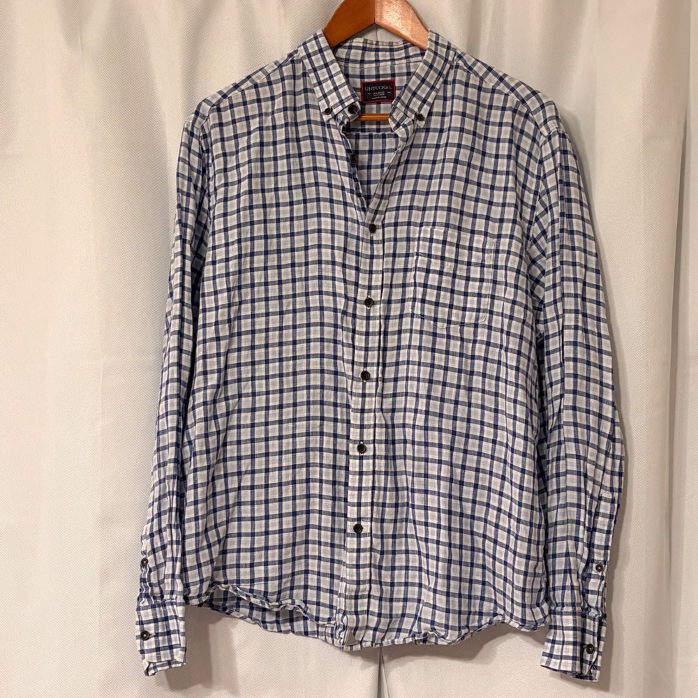 UNTUCKit Shirt Mens XL 100% Linen Blue White Gingham Check Long Sleeve 2017